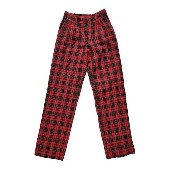 Vintage 80s Red Black Green Plaid Pleated High Waist Trouser Pants M Punk Funky - Picture 2 of 4